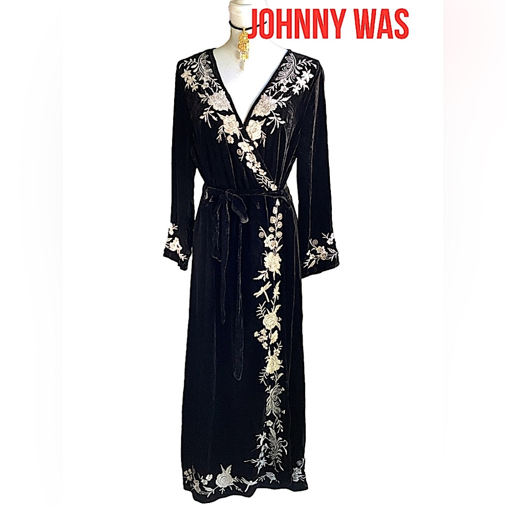 Rare Johnny Was Erith Velvet Embroidered Wrap Kimono Dress